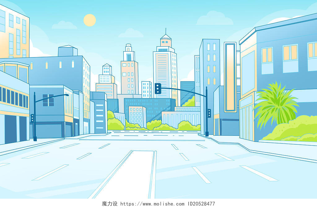 蓝色扁平平面街道建筑建筑城市背景